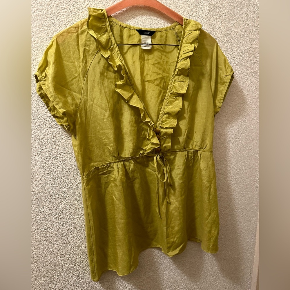 J. Crew Blouse Chartreuse Silk Blend Ruffle B Neck Puff Sleeve Side Zip Size 4